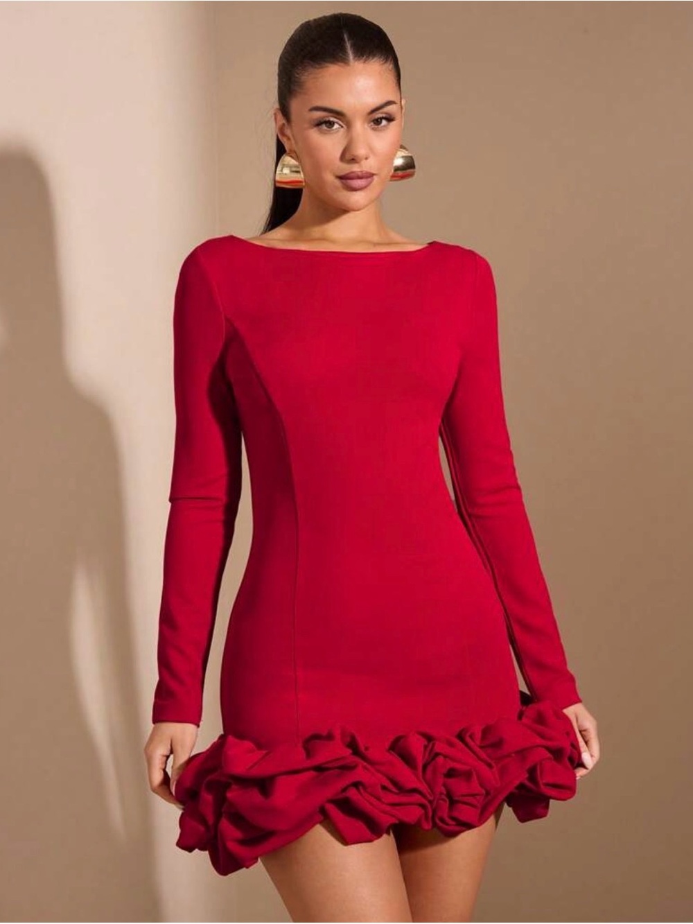 Women’s Red Long-Sleeve Mini Dress with Ruffle Hem